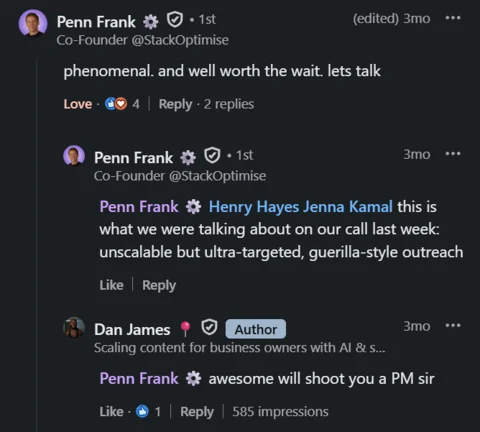 Penn Frank LinkedIn thread with replies praising the outreach