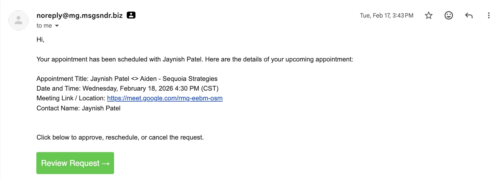Calendly: Jaynish Patel appointment booked Feb 18