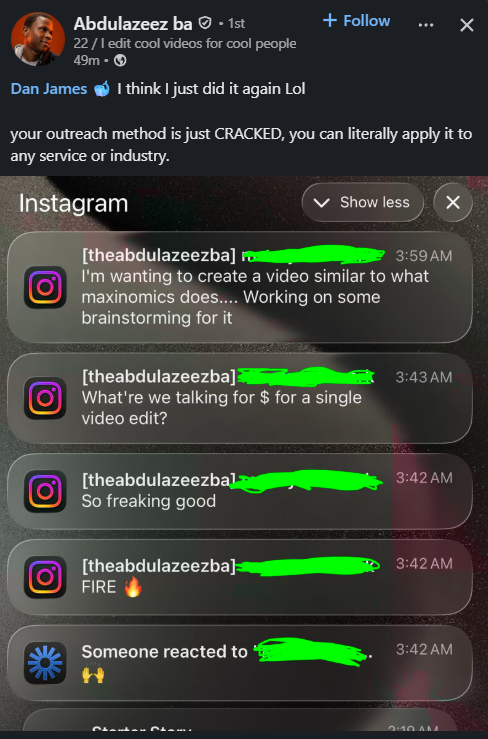 Abdulazeez LinkedIn post tagging Dan James: your outreach method is just CRACKED - backed by four inbound Instagram DMs in his inbox