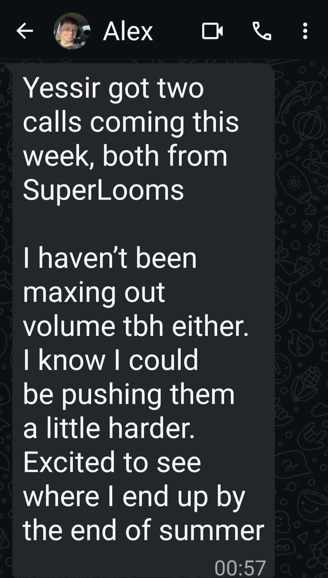 Alex WhatsApp: two calls coming this week, both from SuperLooms
