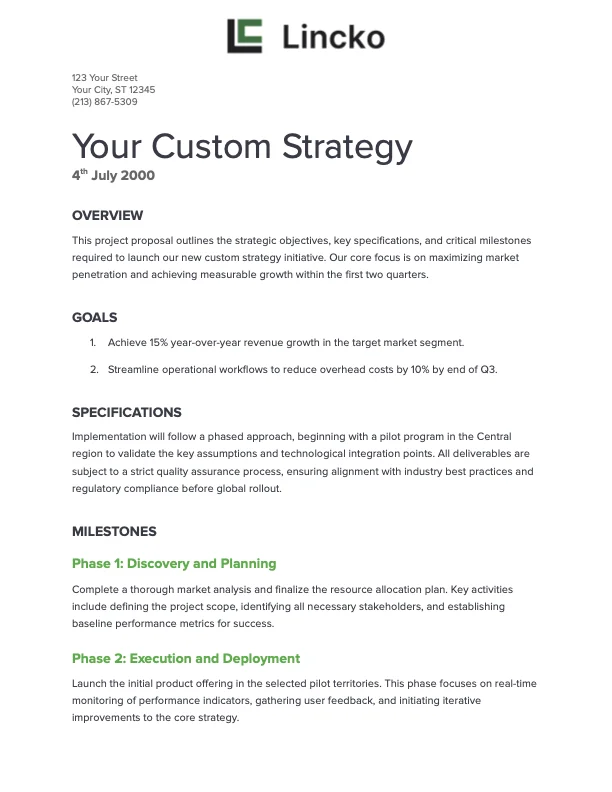 Lincko bespoke strategy doc · sample page showing custom strategy overview, goals, specifications, and milestones for a prospect