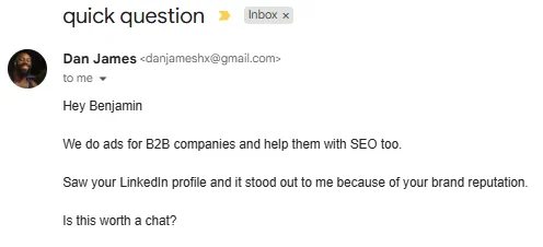 A generic templated cold email with the subject 'quick question' and zero personalization beyond the prospect's first name.